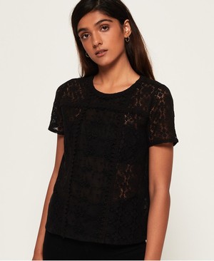 Superdry Ella lace Panelling Női Pólók Fekete | WQILX6178